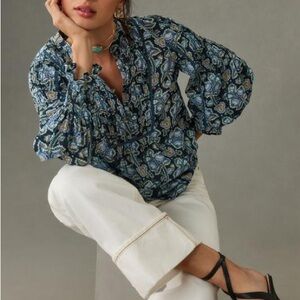 Anthropologie Floral Blue Blouse